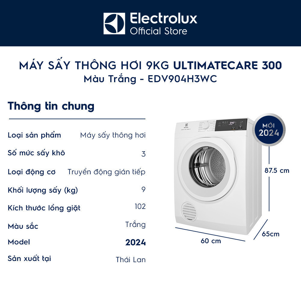 Free giao lắp - Máy sấy thông hơi 9KG Electrolux EDV904H3WC - sấy đảo chiều chống nhăn, diệt khuẩn, bền màu | BigBuy360 - bigbuy360.vn