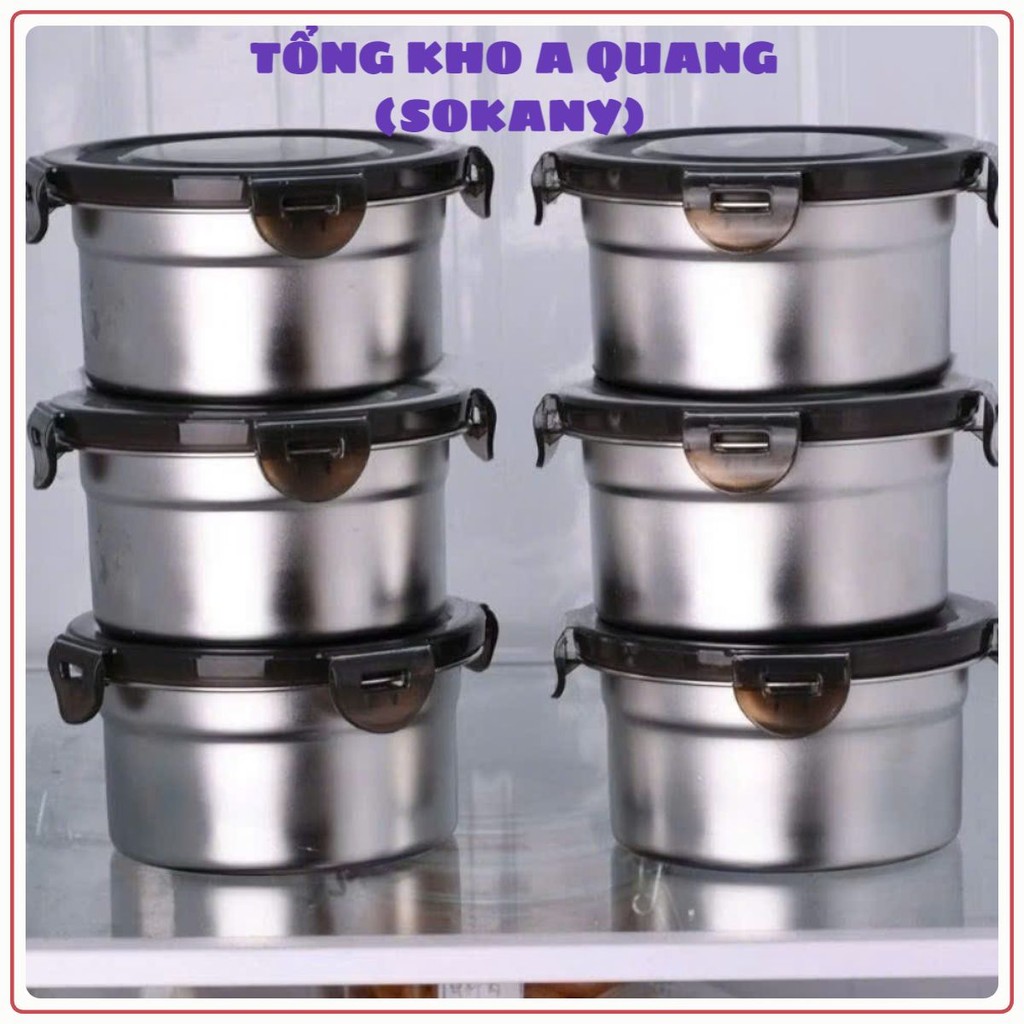 Hộp inox hình tròn dùng để đựng thực phẩm tiện lợi có kèm nắp,  SET 4 HỘP INOX NẮP ĐEN - HOP022