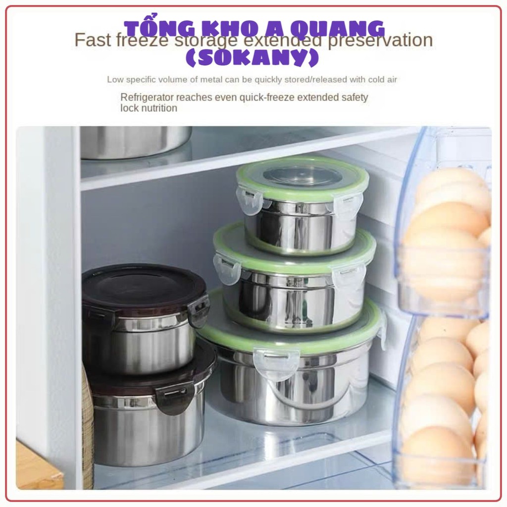 Hộp inox hình tròn dùng để đựng thực phẩm tiện lợi có kèm nắp,  SET 4 HỘP INOX NẮP ĐEN - HOP022