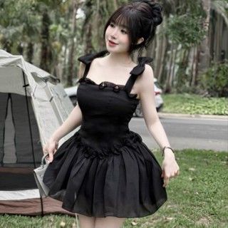  váy 2 dây babydoll ngắn,đầm tiểu thư sang chảnh phối nơ vai hottrend HH256 