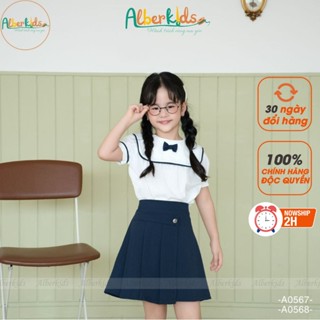 Áo, chân váy bé gái ALBERKIDS áo trắng đính nơ, chân váy xếp ly đính cúc mặc đi học cho trẻ em 5-12 tuổi A0567-A0568