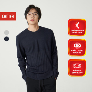 Áo len nam CANIFA dài tay cổ tròn dáng suông họa tiết dệt sọc thân 8TE23W002