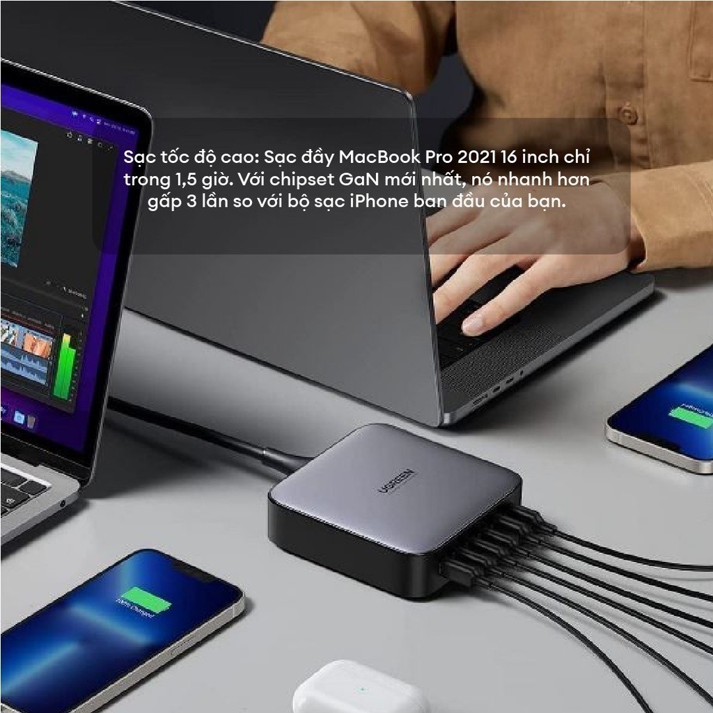 Củ sạc máy tính/ điện thoại UGREEN 200W CD271 Nexode|GaN II|6 cổng sạc nhanh |Free cáp USB C to C|BH 18 tháng 1 đổi 1 40 | BigBuy360 - bigbuy360.vn