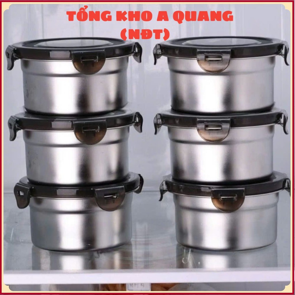 Hộp inox hình tròn dùng để đựng thực phẩm tiện lợi có kèm nắp,  SET 4 HỘP INOX NẮP ĐEN - HOP022