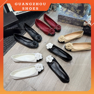 6059-11 Giày búp bê nữ đế bệt đính hoa trà da lỳ mềm hàng QC fullbox