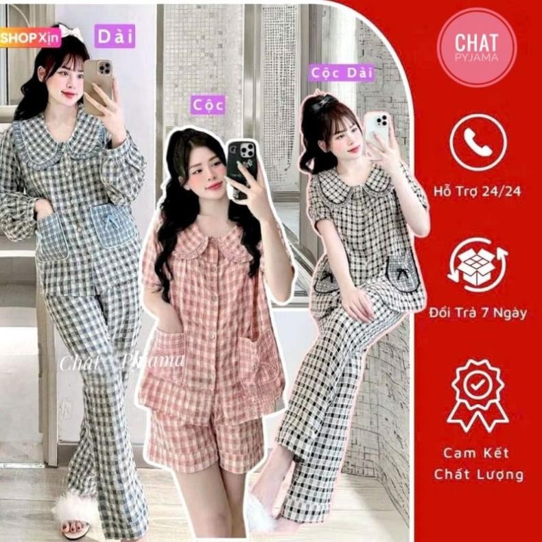 [SEN NHUNG] Sét Bộ Pyjama Kẻ Caro nhung Sen Túi Nơ tay dài quần áo siêu hot CHAT175