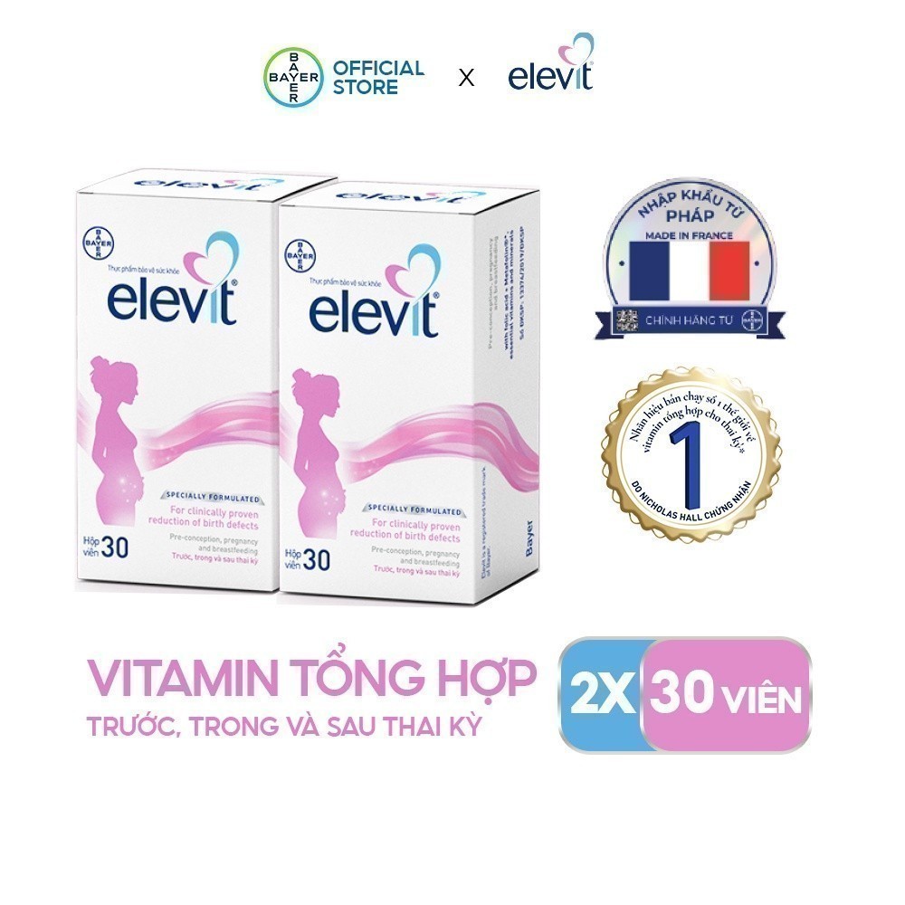 Bộ 2 Thực phẩm bảo vệ sức khỏe Elevit bổ sung Acid Folic, Sắt, Canxi, Các Vitamin và Các khoáng chất (30 Viên/Hộp)