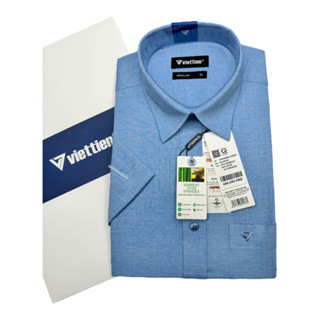 Áo sơ mi cộc tay Việt Tiến kẻ xanh 1S6699 - Regular vạt ngang