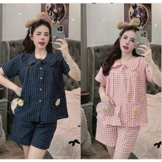 Bộ Ngủ Hè Nữ Kẻ Caro Cổ Sen 2 Túi Gấu Cộc Tay, Bộ Pijama Chất Đũi Mềm Mát Dễ Thương Siêu Xinh