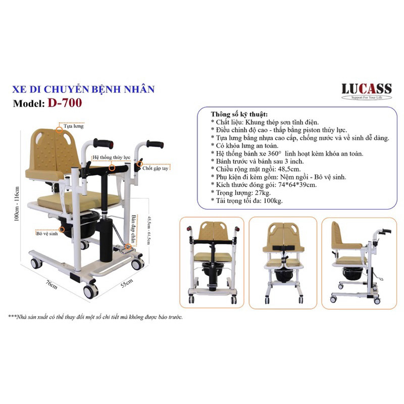[ Lucass ] Xe Nâng Hạ Di Chuyển Bệnh Nhân D-700 ( Piston Thuỷ Lực)