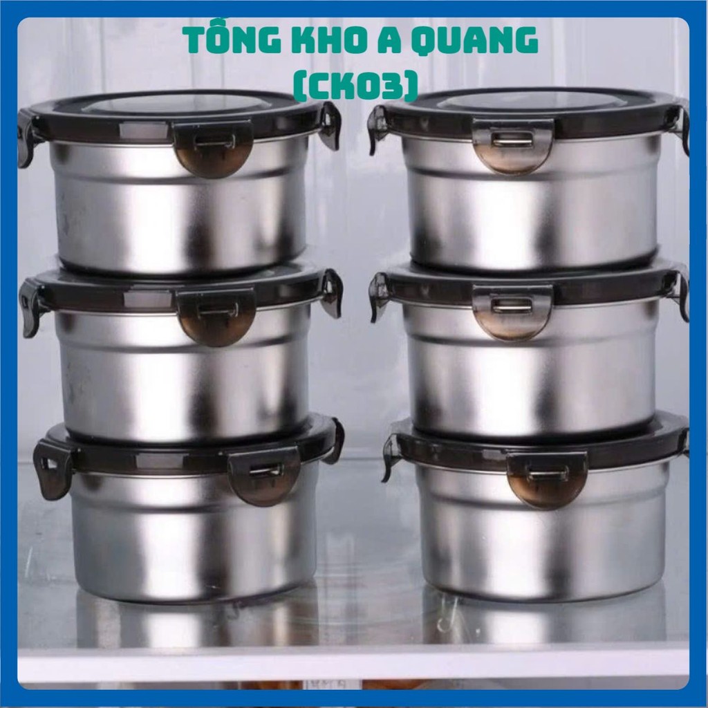 Hộp inox hình tròn dùng để đựng thực phẩm tiện lợi có kèm nắp,  SET 4 HỘP INOX NẮP ĐEN - HOP022