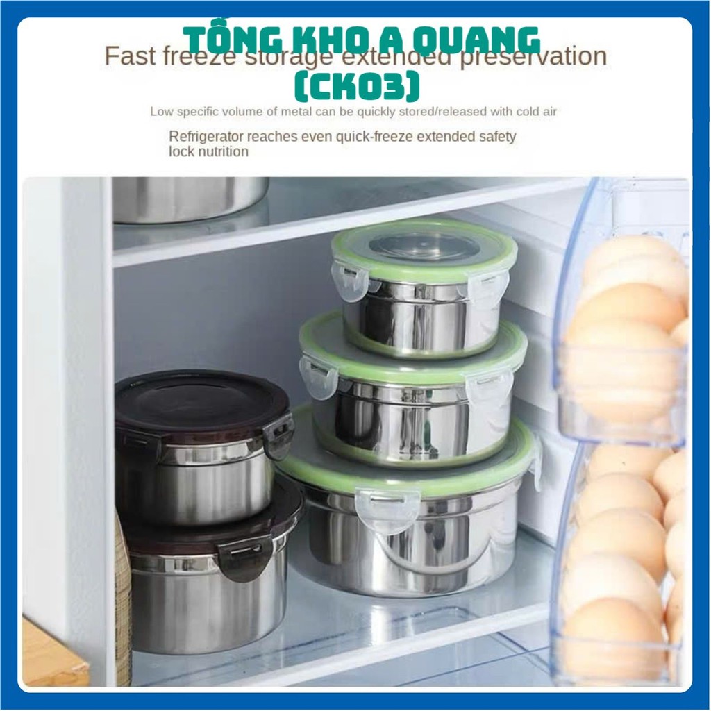 Hộp inox hình tròn dùng để đựng thực phẩm tiện lợi có kèm nắp,  SET 4 HỘP INOX NẮP ĐEN - HOP022