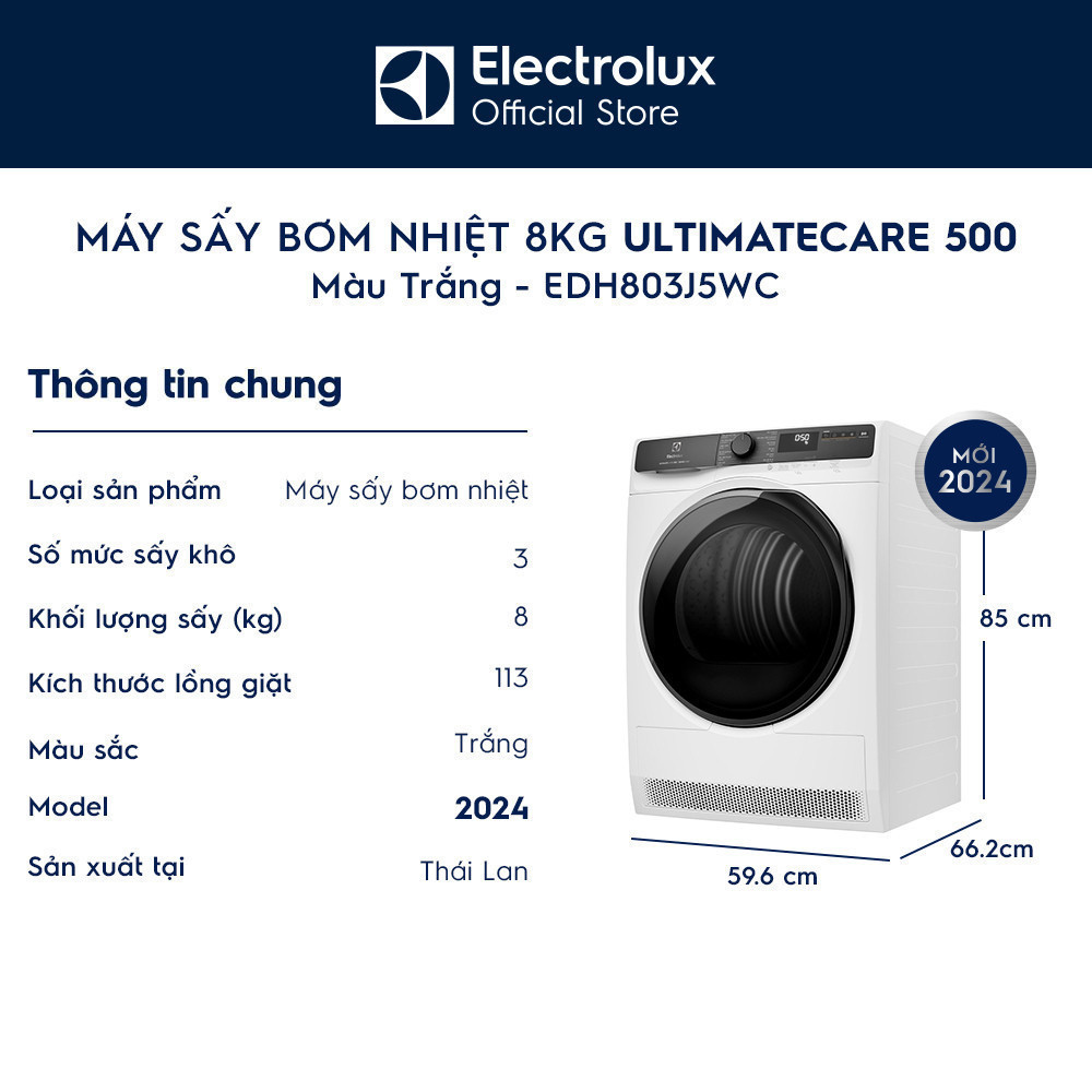 Free giao lắp - Máy sấy bơm nhiệt Electrolux 8kg UltimateCare 500 - Trắng EDH803J5WC | BigBuy360 - bigbuy360.vn