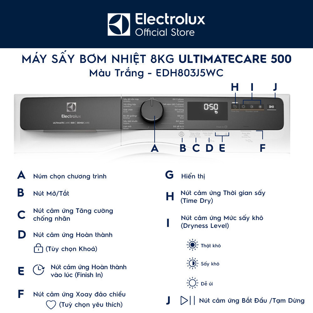 Free giao lắp - Máy sấy bơm nhiệt Electrolux 8kg UltimateCare 500 - Trắng EDH803J5WC | BigBuy360 - bigbuy360.vn