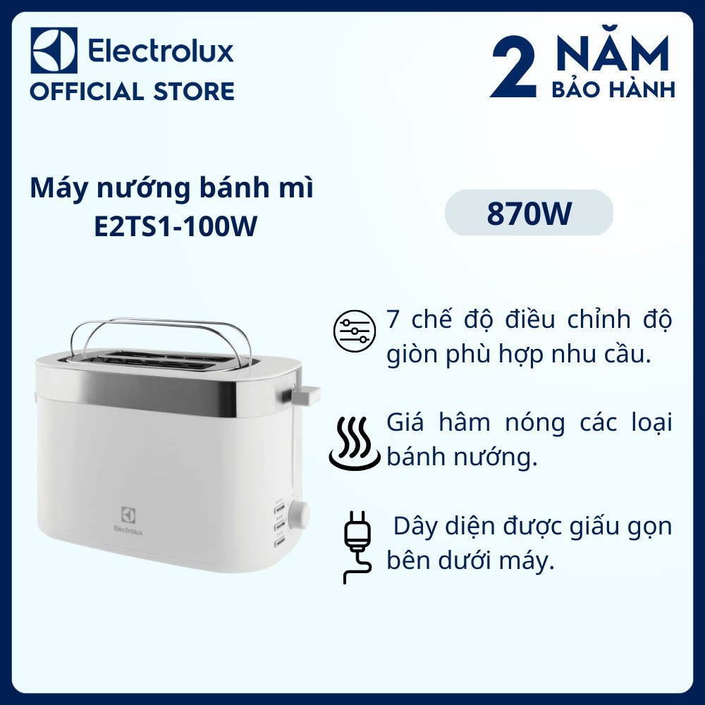 Máy Nướng Bánh Mì Electrolux E2TS1-100W - 2 Khe, 7 Cài Đặt Nhiệt Độ, Trắng