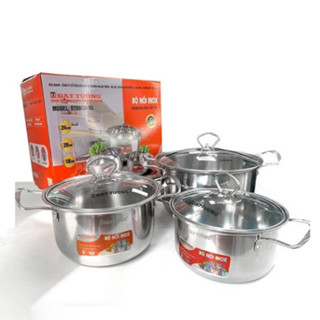 Tuansieuvipro Bộ 3 Nồi Inox 1-3 Đáy Từ Nắp Kính ĐẠT TƯỜNG Sire 18-20-24cm HÀNG CHÍNH HÃNG NHẬP KHAU LOẠI 1  2H