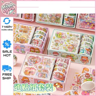 Hộp miếng dán và cuộn sticker trang trí bàn học, laptop, bình nước hoạt hình dễ thương đa dạng