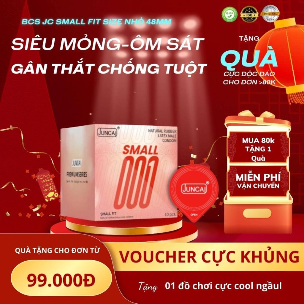 Bao cao su size nhỏ 48mm JUNCAI SMALL FIT siêu mỏng 001, nhiều gel, ôm sát chống tuột bao hộp 10 bcs