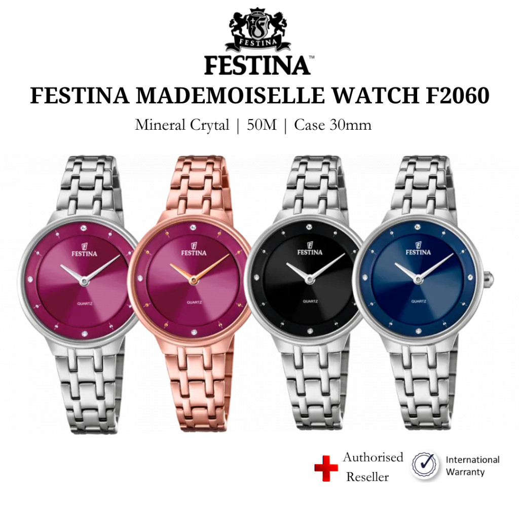 Đồng hồ nữ Festina F2060 mặt kính Mineral, chống nước, dây thép đeo tay cao cấp, chính hãng Thụy Sĩ