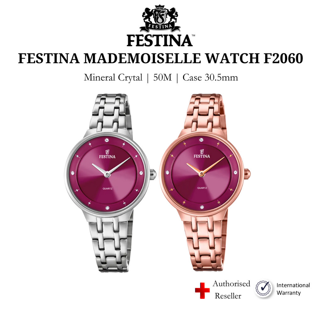 Đồng hồ nữ Festina F2060 kính Cường lực, chống nước, dây thép đeo tay cao cấp, chính hãng Thụy Sĩ
