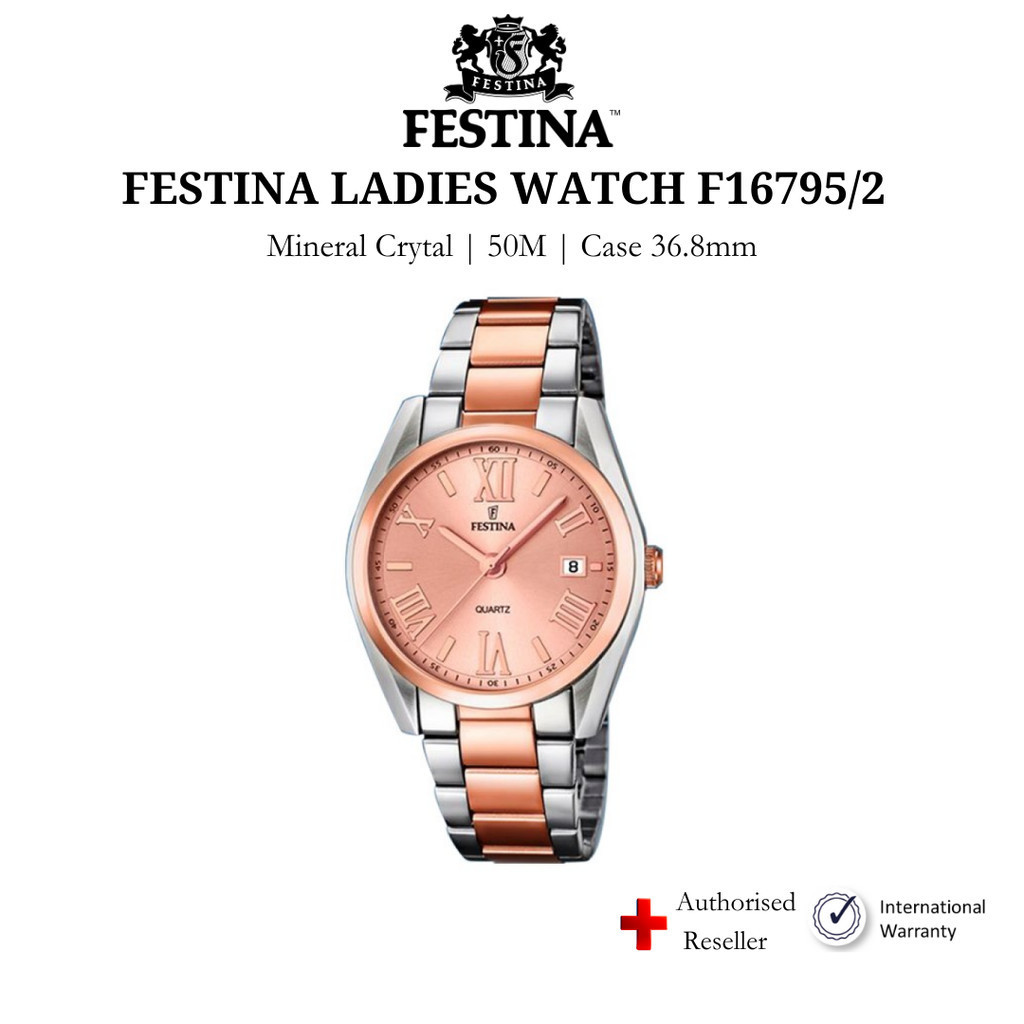 Đồng hồ nữ Festina F16795/2 mặt kính Mineral, chống nước 5 ATM, dây thép đeo tay chính hãng Thụy Sĩ