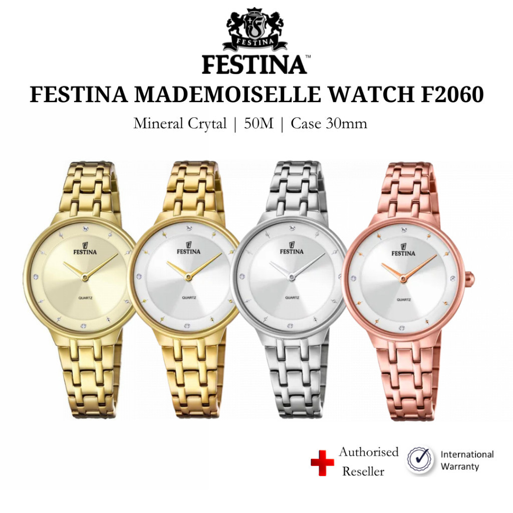 Đồng hồ nữ Festina F2060 kính Cường lực, chống nước, dây thép đeo tay cao cấp, chính hãng Thụy Sĩ