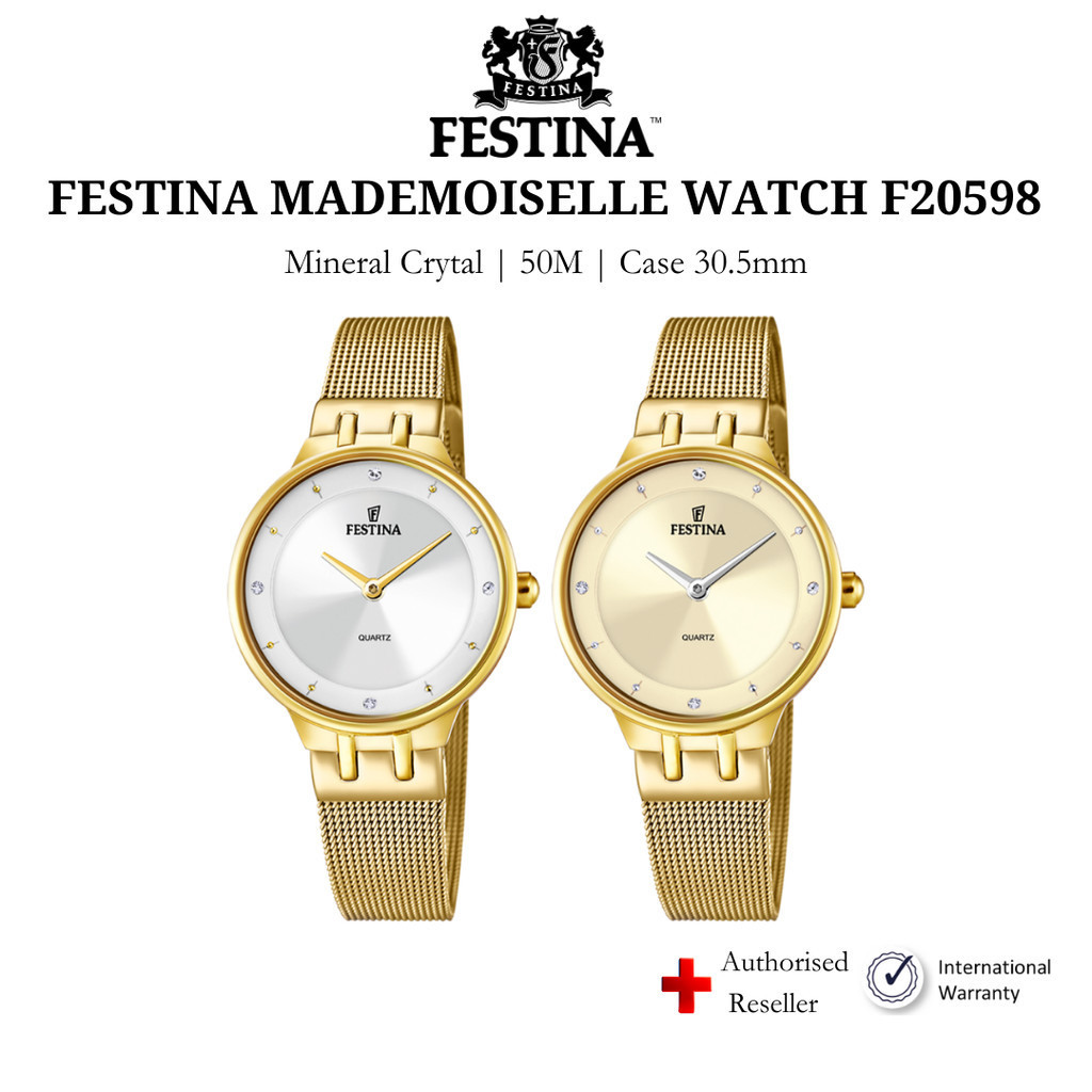 Đồng hồ nữ Festina F20598 mặt kính Mineral, chống nước, dây thép đeo tay cao cấp, chính hãng Thụy Sĩ