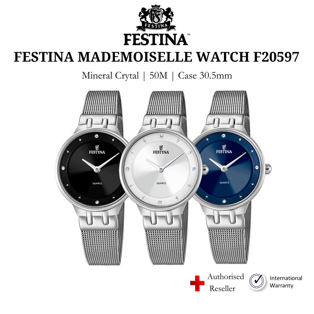 Đồng hồ nữ Festina F20597 mặt kính Mineral, chống nước, dây thép đeo tay cao cấp, chính hãng Thụy Sĩ