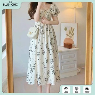 Đầm Hoa Tay Bồng Miju Dáng Dài Siêu Tiểu Thư - Váy Lụa Hàn Mềm Mại Blue Chic