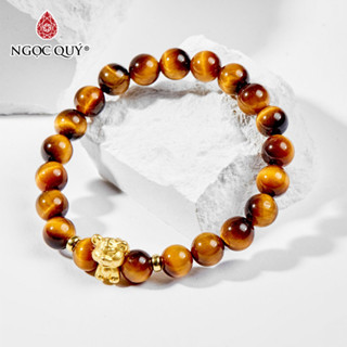  Vòng tay đá mắt hổ vàng nâu phối charm bạc 12 con giáp mạ vàng - Ngọc Quý 