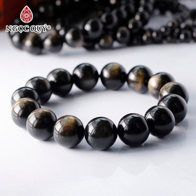 Vòng tay hạt trơn đá Obsidian Mắt Vàng Xám - Ngọc Quý