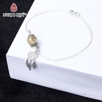 Vòng tay thạch anh tóc vàng hạt 10mm phối charm dream catcher hình trái tim Mẫu VC0717  - Ngọc Quý