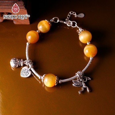 Vòng tay đá mắt hổ vàng tâm mix charm S925 túi tiền & thiên thần tình yêu Mẫu VC0274 - Ngọc Quý