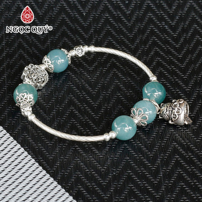 Vòng tay cẩm thạch A - Vòng tay phỉ thúy lam ngọc type A phối charm S925 mèo thần tài treo Mẫu VC1259 - Ngọc Quý
