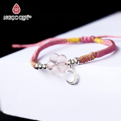 Vòng tay thắt dây Thạch Anh Hồng hoa 5 cánh phối charm S925 mặt trăng treo - Ngọc Quý