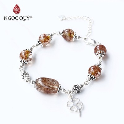 Vòng tay lu thống thạch anh tóc phối charm S925 cỏ 4 lá Mẫu VC0718 - Ngọc Quý