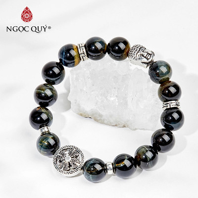 Vòng tay phong thủy đá mắt hổ xanh đen phối charm phật hạt 10mm Mẫu VC0219 - Ngọc Quý