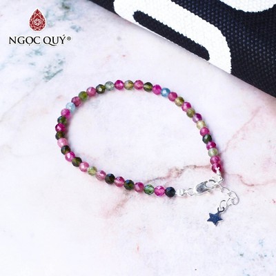 Vòng tay tourmaline đa sắc phối charm hạt facet 3mm Mẫu VC1145 - Ngọc Quý