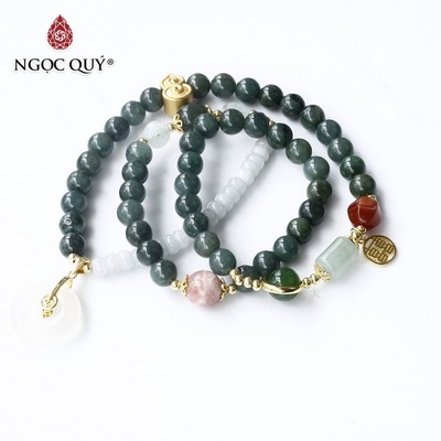 Vòng cẩm thạch 3 line phối charm S925 mạ vàng Mẫu VC1109 - Ngọc Quý
