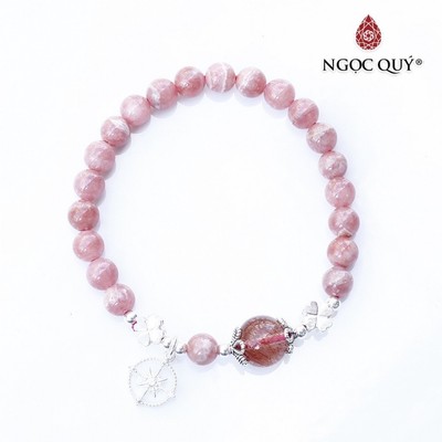 Vòng tay đào hoa phối thạch anh tóc đỏ charm S925 Mẫu VC0708 - Ngọc Quý
