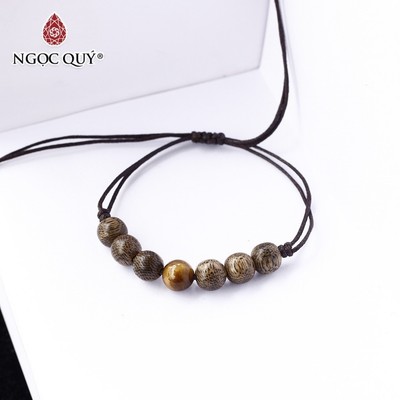 Vòng trầm tốc thắt dây phối đá mắt hổ vàng nâu - Ngọc Quý