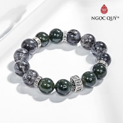 Vòng tay thạch anh tóc xanh & tóc đen mix charm 12mm Mẫu VC0559 - Ngọc Quý