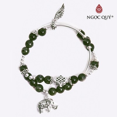 Vòng 2 line đá thạch anh tóc xanh phối charm voi S925 hạt 6mm Mẫu VC0635 - Ngọc Quý