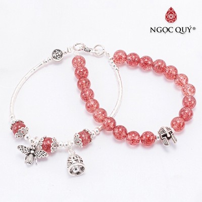 Vòng 2 line thạch anh dâu phối charm ong S925 Mẫu VC0754 - Ngọc Quý