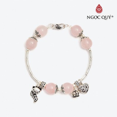 Vòng tay Thạch Anh Hồng phối charm hồ ly Mẫu VC0142 - Ngọc Quý
