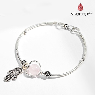 Vòng tay S925 1 hạt Thạch Anh Hồng phối charm bàn tay hamsa S925 Mẫu VC0131 - Ngọc Quý