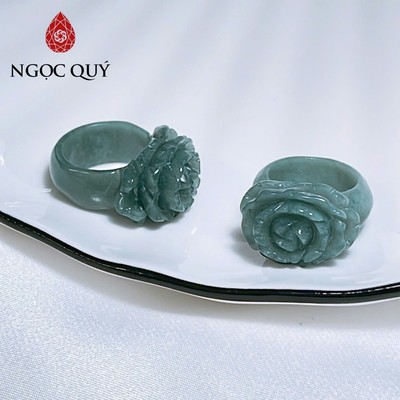 Nhẫn cẩm thạch A - Nhẫn phỉ thúy lam ngọc type A khắc hoa & hồ ly LG02 - Ngọc Quý