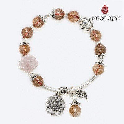 Vòng tay thạch anh tóc đỏ cam mix hoa mẫu đơn hồng hạt 8mm Mẫu VC0566 - Ngọc Quý