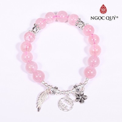 Vòng tay Thạch Anh Hồng AAA mix charm lục tự đại mình chú S925 Mẫu VC1009 - Ngọc Quý