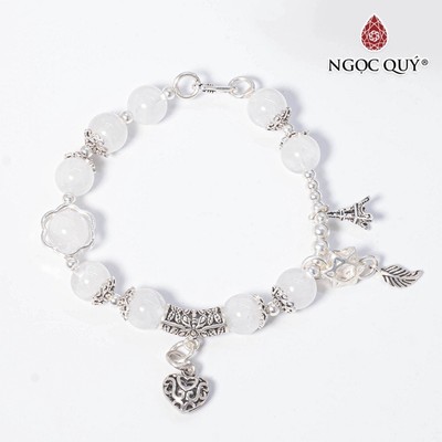 Vòng tay đá thạch anh ưu linh trắng phối charm trái tim S925 Mẫu VC0476 - Ngọc Quý